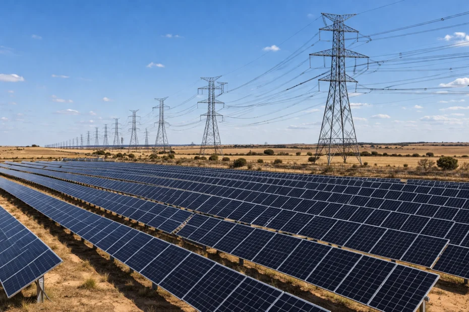 Parque de energía solar fotovoltaica con filas de módulos instalados y torres de alta tensión al fondo, ilustrando el contraste entre el crecimiento de la capacidad renovable y los límites de la red eléctrica de transporte en Europa.