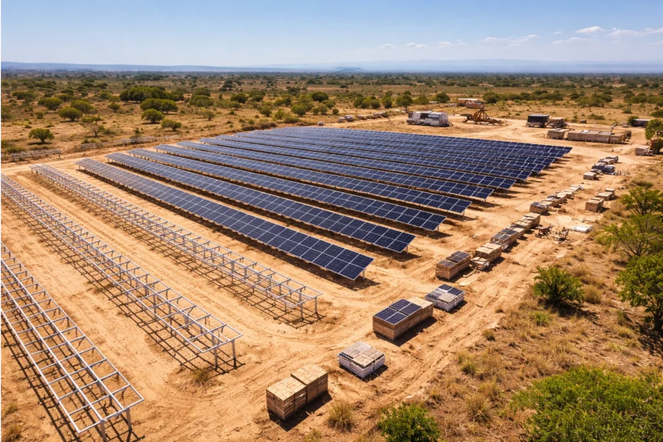 Vista aérea del avance de construcción del Parque Solar Barzalosa en Cundinamarca, Colombia, con filas de paneles fotovoltaicos instalados sobre terreno llano bajo cielo despejado, representando la llegada de inversión noruega en energía solar renovable al país.