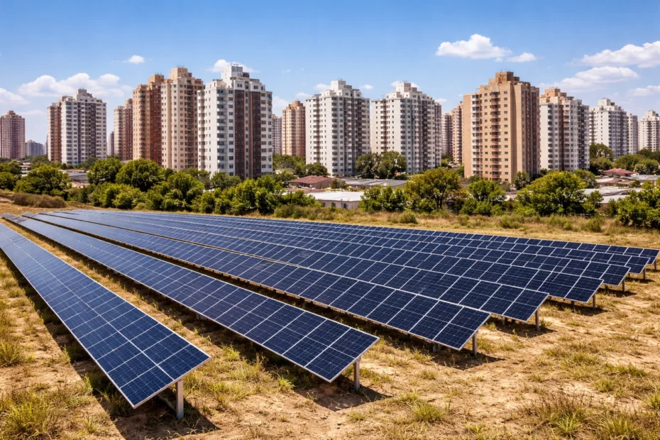 Instalación de paneles solares fotovoltaicos en terreno abierto con edificios urbanos al fondo, ilustrando el concepto de neteo remoto que permite generar energía solar en un lugar y descontarla de la factura eléctrica en otro, propuesta clave del proyecto de Ley 308 en Panamá.